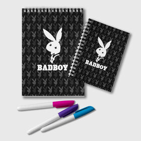 Блокнот с принтом Bad boy в Новосибирске, 100% бумага | 48 листов, плотность листов — 60 г/м2, плотность картонной обложки — 250 г/м2. Листы скреплены удобной пружинной спиралью. Цвет линий — светло-серый
 | Тематика изображения на принте: bad boy | bite | bow tie | broken | cool | ear | fighter | logo | man | playboy | rabbit | sign | symbol | white | белый | битый | боец | галстук бабочка | знак | кролик | логотип | любовь | мальчик | мужчина | откушенное | прикольный | сим