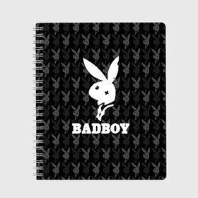 Тетрадь с принтом Bad boy в Новосибирске, 100% бумага | 48 листов, плотность листов — 60 г/м2, плотность картонной обложки — 250 г/м2. Листы скреплены сбоку удобной пружинной спиралью. Уголки страниц и обложки скругленные. Цвет линий — светло-серый
 | Тематика изображения на принте: bad boy | bite | bow tie | broken | cool | ear | fighter | logo | man | playboy | rabbit | sign | symbol | white | белый | битый | боец | галстук бабочка | знак | кролик | логотип | любовь | мальчик | мужчина | откушенное | прикольный | сим