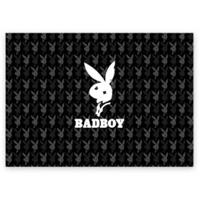 Поздравительная открытка с принтом Bad boy в Новосибирске, 100% бумага | плотность бумаги 280 г/м2, матовая, на обратной стороне линовка и место для марки
 | Тематика изображения на принте: bad boy | bite | bow tie | broken | cool | ear | fighter | logo | man | playboy | rabbit | sign | symbol | white | белый | битый | боец | галстук бабочка | знак | кролик | логотип | любовь | мальчик | мужчина | откушенное | прикольный | сим