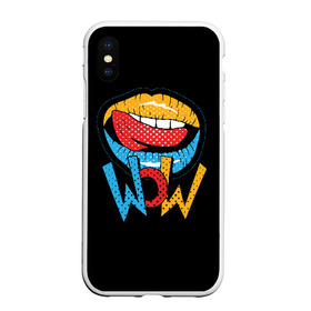 Чехол для iPhone XS Max матовый с принтом Wow в Новосибирске, Силикон | Область печати: задняя сторона чехла, без боковых панелей | blue | dots | lips | pop art | red | teeth | tongue | white | yellow | белый | губы | желтый | зубы | красный | поп  арт | точки | язык