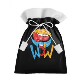 Подарочный 3D мешок с принтом Wow в Новосибирске, 100% полиэстер | Размер: 29*39 см | Тематика изображения на принте: blue | dots | lips | pop art | red | teeth | tongue | white | yellow | белый | губы | желтый | зубы | красный | поп  арт | точки | язык
