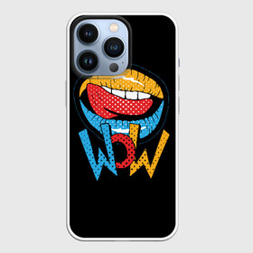 Чехол для iPhone 13 Pro с принтом Wow в Новосибирске,  |  | Тематика изображения на принте: blue | dots | lips | pop art | red | teeth | tongue | white | yellow | белый | губы | желтый | зубы | красный | поп  арт | точки | язык