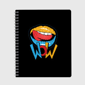 Тетрадь с принтом Wow в Новосибирске, 100% бумага | 48 листов, плотность листов — 60 г/м2, плотность картонной обложки — 250 г/м2. Листы скреплены сбоку удобной пружинной спиралью. Уголки страниц и обложки скругленные. Цвет линий — светло-серый
 | blue | dots | lips | pop art | red | teeth | tongue | white | yellow | белый | губы | желтый | зубы | красный | поп  арт | точки | язык