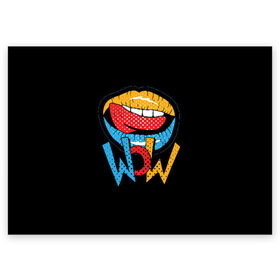 Поздравительная открытка с принтом Wow в Новосибирске, 100% бумага | плотность бумаги 280 г/м2, матовая, на обратной стороне линовка и место для марки
 | Тематика изображения на принте: blue | dots | lips | pop art | red | teeth | tongue | white | yellow | белый | губы | желтый | зубы | красный | поп  арт | точки | язык