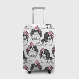 Чехол для чемодана 3D с принтом Японские хины в Новосибирске, 86% полиэфир, 14% спандекс | двустороннее нанесение принта, прорези для ручек и колес | animal | bow | cute | dog | funny | gentle | gray | heart | muzzle | pink | white | бант | белый | животное | забавный | милый | нежный | розовый | сердце | серый | собака