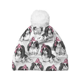 Шапка 3D c помпоном с принтом Японские хины в Новосибирске, 100% полиэстер | универсальный размер, печать по всей поверхности изделия | animal | bow | cute | dog | funny | gentle | gray | heart | muzzle | pink | white | бант | белый | животное | забавный | милый | нежный | розовый | сердце | серый | собака