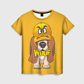 Женская футболка 3D с принтом Woof в Новосибирске, 100% полиэфир ( синтетическое хлопкоподобное полотно) | прямой крой, круглый вырез горловины, длина до линии бедер | animal | cap | dog | funny | slogan | text | yellow | бассет хаунд | желтый | животное | забавный | кепка | прикольный | слоган | смешной | собака | текст