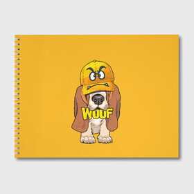 Альбом для рисования с принтом Woof в Новосибирске, 100% бумага
 | матовая бумага, плотность 200 мг. | Тематика изображения на принте: animal | cap | dog | funny | slogan | text | yellow | бассет хаунд | желтый | животное | забавный | кепка | прикольный | слоган | смешной | собака | текст