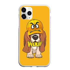 Чехол для iPhone 11 Pro матовый с принтом Woof в Новосибирске, Силикон |  | Тематика изображения на принте: animal | cap | dog | funny | slogan | text | yellow | бассет хаунд | желтый | животное | забавный | кепка | прикольный | слоган | смешной | собака | текст