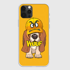 Чехол для iPhone 12 Pro Max с принтом Woof в Новосибирске, Силикон |  | Тематика изображения на принте: animal | cap | dog | funny | slogan | text | yellow | бассет хаунд | желтый | животное | забавный | кепка | прикольный | слоган | смешной | собака | текст