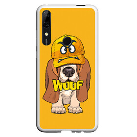 Чехол для Honor P Smart Z с принтом Woof в Новосибирске, Силикон | Область печати: задняя сторона чехла, без боковых панелей | Тематика изображения на принте: animal | cap | dog | funny | slogan | text | yellow | бассет хаунд | желтый | животное | забавный | кепка | прикольный | слоган | смешной | собака | текст