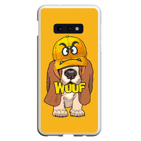 Чехол для Samsung S10E с принтом Woof в Новосибирске, Силикон | Область печати: задняя сторона чехла, без боковых панелей | Тематика изображения на принте: animal | cap | dog | funny | slogan | text | yellow | бассет хаунд | желтый | животное | забавный | кепка | прикольный | слоган | смешной | собака | текст