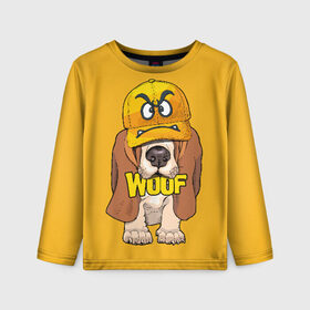 Детский лонгслив 3D с принтом Woof в Новосибирске, 100% полиэстер | длинные рукава, круглый вырез горловины, полуприлегающий силуэт
 | animal | cap | dog | funny | slogan | text | yellow | бассет хаунд | желтый | животное | забавный | кепка | прикольный | слоган | смешной | собака | текст