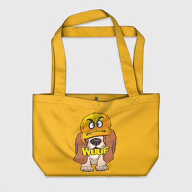 Пляжная сумка 3D с принтом Woof в Новосибирске, 100% полиэстер | застегивается на металлическую кнопку; внутренний карман застегивается на молнию. Стенки укреплены специальным мягким материалом, чтобы защитить содержимое от несильных ударов
 | animal | cap | dog | funny | slogan | text | yellow | бассет хаунд | желтый | животное | забавный | кепка | прикольный | слоган | смешной | собака | текст
