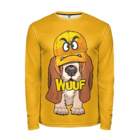 Мужской лонгслив 3D с принтом Woof в Новосибирске, 100% полиэстер | длинные рукава, круглый вырез горловины, полуприлегающий силуэт | animal | cap | dog | funny | slogan | text | yellow | бассет хаунд | желтый | животное | забавный | кепка | прикольный | слоган | смешной | собака | текст