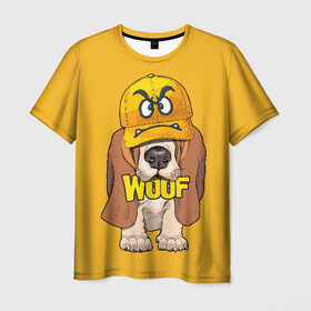 Мужская футболка 3D с принтом Woof в Новосибирске, 100% полиэфир | прямой крой, круглый вырез горловины, длина до линии бедер | animal | cap | dog | funny | slogan | text | yellow | бассет хаунд | желтый | животное | забавный | кепка | прикольный | слоган | смешной | собака | текст