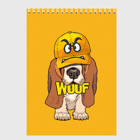 Скетчбук с принтом Woof в Новосибирске, 100% бумага
 | 48 листов, плотность листов — 100 г/м2, плотность картонной обложки — 250 г/м2. Листы скреплены сверху удобной пружинной спиралью | Тематика изображения на принте: animal | cap | dog | funny | slogan | text | yellow | бассет хаунд | желтый | животное | забавный | кепка | прикольный | слоган | смешной | собака | текст
