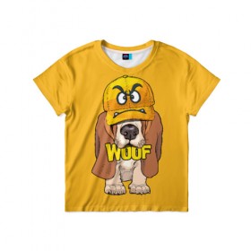 Детская футболка 3D с принтом Woof в Новосибирске, 100% гипоаллергенный полиэфир | прямой крой, круглый вырез горловины, длина до линии бедер, чуть спущенное плечо, ткань немного тянется | Тематика изображения на принте: animal | cap | dog | funny | slogan | text | yellow | бассет хаунд | желтый | животное | забавный | кепка | прикольный | слоган | смешной | собака | текст