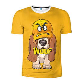 Мужская футболка 3D спортивная с принтом Woof в Новосибирске, 100% полиэстер с улучшенными характеристиками | приталенный силуэт, круглая горловина, широкие плечи, сужается к линии бедра | Тематика изображения на принте: animal | cap | dog | funny | slogan | text | yellow | бассет хаунд | желтый | животное | забавный | кепка | прикольный | слоган | смешной | собака | текст