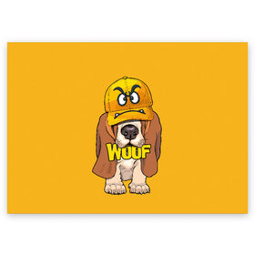 Поздравительная открытка с принтом Woof в Новосибирске, 100% бумага | плотность бумаги 280 г/м2, матовая, на обратной стороне линовка и место для марки
 | Тематика изображения на принте: animal | cap | dog | funny | slogan | text | yellow | бассет хаунд | желтый | животное | забавный | кепка | прикольный | слоган | смешной | собака | текст