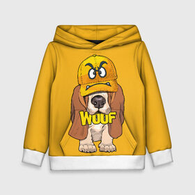 Детская толстовка 3D с принтом Woof в Новосибирске, 100% полиэстер | двухслойный капюшон со шнурком для регулировки, мягкие манжеты на рукавах и по низу толстовки, спереди карман-кенгуру с мягким внутренним слоем | Тематика изображения на принте: animal | cap | dog | funny | slogan | text | yellow | бассет хаунд | желтый | животное | забавный | кепка | прикольный | слоган | смешной | собака | текст