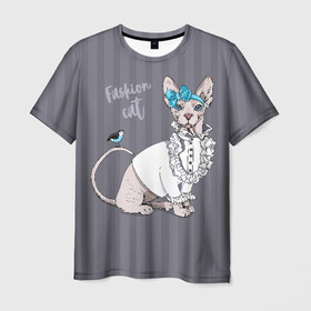 Мужская футболка 3D с принтом Fashion cat в Новосибирске, 100% полиэфир | прямой крой, круглый вырез горловины, длина до линии бедер | bird | bow | breed | cat | glamor | look | muzzle | sphinx | style | tail | бант | взгляд | гламур | кошка | порода | птица | стиль | сфинкс | хвост