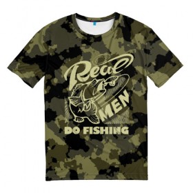 Мужская футболка 3D с принтом Real men do fishing в Новосибирске, 100% полиэфир | прямой крой, круглый вырез горловины, длина до линии бедер | bait | black | fish | fisherman | fishing | hook | man | white | белый | занимается | камуфляж | крючок | мужчина | наживка | настоящий | реальный | рыба | рыбак | рыбалка | черный
