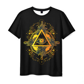 Мужская футболка 3D с принтом Всевидящее око в Новосибирске, 100% полиэфир | прямой крой, круглый вырез горловины, длина до линии бедер | black | esoteric | eye | mystic | occult | orange | symbol | triangle | yellow | глаз | желтый | мистика | оккультизм | око | оранжевый | символ | треугольник | черный | эзотерика