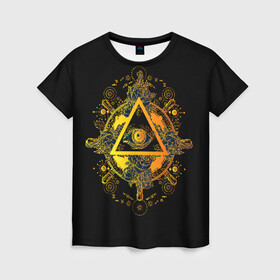 Женская футболка 3D с принтом Всевидящее око в Новосибирске, 100% полиэфир ( синтетическое хлопкоподобное полотно) | прямой крой, круглый вырез горловины, длина до линии бедер | black | esoteric | eye | mystic | occult | orange | symbol | triangle | yellow | глаз | желтый | мистика | оккультизм | око | оранжевый | символ | треугольник | черный | эзотерика