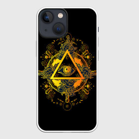 Чехол для iPhone 13 mini с принтом Всевидящее око в Новосибирске,  |  | black | esoteric | eye | mystic | occult | orange | symbol | triangle | yellow | глаз | желтый | мистика | оккультизм | око | оранжевый | символ | треугольник | черный | эзотерика