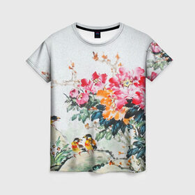 Женская футболка 3D с принтом Японские цветы в Новосибирске, 100% полиэфир ( синтетическое хлопкоподобное полотно) | прямой крой, круглый вырез горловины, длина до линии бедер | japan | japanese | искусство | картина | цветы | япония | японская гравюра | японская картина