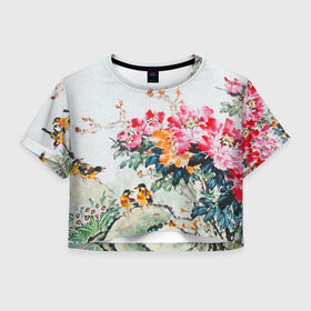 Женская футболка Cropp-top с принтом Японские цветы в Новосибирске, 100% полиэстер | круглая горловина, длина футболки до линии талии, рукава с отворотами | Тематика изображения на принте: japan | japanese | искусство | картина | цветы | япония | японская гравюра | японская картина