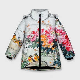 Зимняя куртка для девочек 3D с принтом Японские цветы в Новосибирске, ткань верха — 100% полиэстер; подклад — 100% полиэстер, утеплитель — 100% полиэстер. | длина ниже бедра, удлиненная спинка, воротник стойка и отстегивающийся капюшон. Есть боковые карманы с листочкой на кнопках, утяжки по низу изделия и внутренний карман на молнии. 

Предусмотрены светоотражающий принт на спинке, радужный светоотражающий элемент на пуллере молнии и на резинке для утяжки. | Тематика изображения на принте: japan | japanese | искусство | картина | цветы | япония | японская гравюра | японская картина