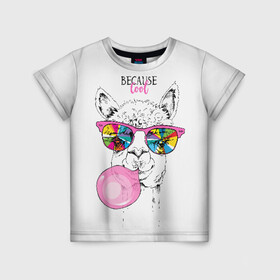 Детская футболка 3D с принтом Because cool в Новосибирске, 100% гипоаллергенный полиэфир | прямой крой, круглый вырез горловины, длина до линии бедер, чуть спущенное плечо, ткань немного тянется | Тематика изображения на принте: alpaca | animal | chewing | cool | funny | gum | head | llama | muzzle | puffed up | rainbow | альпака | голова | жевательная | животное | забавный | лама | надутая | очки | прикольный | радужные | резинка | смешная