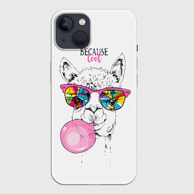 Чехол для iPhone 13 с принтом Because cool в Новосибирске,  |  | alpaca | animal | chewing | cool | funny | gum | head | llama | muzzle | puffed up | rainbow | альпака | голова | жевательная | животное | забавный | лама | надутая | очки | прикольный | радужные | резинка | смешная