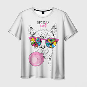 Мужская футболка 3D с принтом Because cool в Новосибирске, 100% полиэфир | прямой крой, круглый вырез горловины, длина до линии бедер | alpaca | animal | chewing | cool | funny | gum | head | llama | muzzle | puffed up | rainbow | альпака | голова | жевательная | животное | забавный | лама | надутая | очки | прикольный | радужные | резинка | смешная