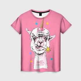 Женская футболка 3D с принтом Hello llamacorn в Новосибирске, 100% полиэфир ( синтетическое хлопкоподобное полотно) | прямой крой, круглый вырез горловины, длина до линии бедер | alpaca | animal | carnival | cool | cup | head | horn | ice cream | llama | look | pink | slogan | star | unicorn | waffle | альпака | вафельный | взгляд | голова | единорог | животное | звезда | карнавал | лама | мороженое | привет | прикольный | р
