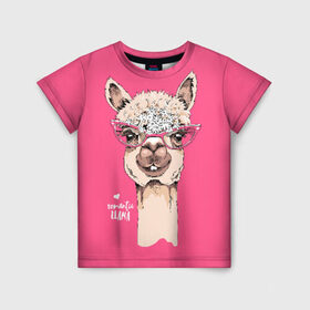 Детская футболка 3D с принтом Romantic llama в Новосибирске, 100% гипоаллергенный полиэфир | прямой крой, круглый вырез горловины, длина до линии бедер, чуть спущенное плечо, ткань немного тянется | Тематика изображения на принте: alpaca | animal | cool | flowers | head | heart | inscription | llama | look | pink | romance | альпака | взгляд | голова | животное | лама | любовь | надпись | очки | прикольный | розовые | романтика | сердце | цветы