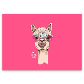 Поздравительная открытка с принтом Romantic llama в Новосибирске, 100% бумага | плотность бумаги 280 г/м2, матовая, на обратной стороне линовка и место для марки
 | Тематика изображения на принте: alpaca | animal | cool | flowers | head | heart | inscription | llama | look | pink | romance | альпака | взгляд | голова | животное | лама | любовь | надпись | очки | прикольный | розовые | романтика | сердце | цветы