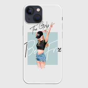 Чехол для iPhone 13 mini с принтом The girls be free в Новосибирске,  |  | baseball cap | blonde | denim | figure | freedom | gesture | girl | goat | hands | shorts | slim | slogan | topic | v | victoria | victory | бейсболка | блондинка | виктория | девочка | девушка | девушки будут свободны | джинсов | жест | коза | побе