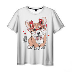 Мужская футболка 3D с принтом I need your love в Новосибирске, 100% полиэфир | прямой крой, круглый вырез горловины, длина до линии бедер | Тематика изображения на принте: animal | bow | bow tie | breed | cute | dog | funny | hearts | i need your love | polka dot | puppy | red | the inscription | white | бант | белый | вельш корги пемброк | галстук бабочка | горошек | животное | забавный | красный | любовь | милый | м