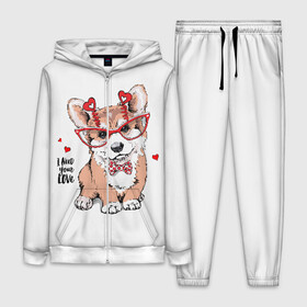 Женский костюм 3D с принтом I need your love в Новосибирске,  |  | animal | bow | bow tie | breed | cute | dog | funny | hearts | i need your love | polka dot | puppy | red | the inscription | white | бант | белый | вельш корги пемброк | галстук бабочка | горошек | животное | забавный | красный | любовь | милый | м