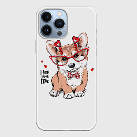 Чехол для iPhone 13 Pro Max с принтом I need your love в Новосибирске,  |  | Тематика изображения на принте: animal | bow | bow tie | breed | cute | dog | funny | hearts | i need your love | polka dot | puppy | red | the inscription | white | бант | белый | вельш корги пемброк | галстук бабочка | горошек | животное | забавный | красный | любовь | милый | м