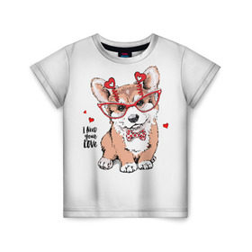 Детская футболка 3D с принтом I need your love в Новосибирске, 100% гипоаллергенный полиэфир | прямой крой, круглый вырез горловины, длина до линии бедер, чуть спущенное плечо, ткань немного тянется | animal | bow | bow tie | breed | cute | dog | funny | hearts | i need your love | polka dot | puppy | red | the inscription | white | бант | белый | вельш корги пемброк | галстук бабочка | горошек | животное | забавный | красный | любовь | милый | м