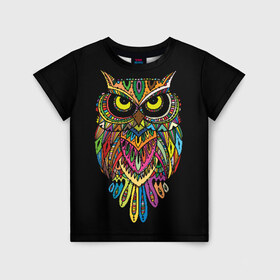 Детская футболка 3D с принтом Сова в Новосибирске, 100% гипоаллергенный полиэфир | прямой крой, круглый вырез горловины, длина до линии бедер, чуть спущенное плечо, ткань немного тянется | art | background | big | bird | black | drawing | eyes | multicolored | owl | sight | symbol | wisdom | большие | взгляд | глаза | искусство | мудрость | птица | разноцветный | рисунок | символ | сова | филин | фон | черный