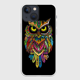 Чехол для iPhone 13 mini с принтом Сова в Новосибирске,  |  | art | background | big | bird | black | drawing | eyes | multicolored | owl | sight | symbol | wisdom | большие | взгляд | глаза | искусство | мудрость | птица | разноцветный | рисунок | символ | сова | филин | фон | черный