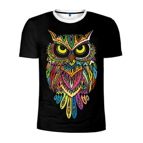 Мужская футболка 3D спортивная с принтом Сова в Новосибирске, 100% полиэстер с улучшенными характеристиками | приталенный силуэт, круглая горловина, широкие плечи, сужается к линии бедра | art | background | big | bird | black | drawing | eyes | multicolored | owl | sight | symbol | wisdom | большие | взгляд | глаза | искусство | мудрость | птица | разноцветный | рисунок | символ | сова | филин | фон | черный