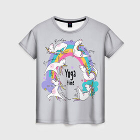 Женская футболка 3D с принтом Yoga time в Новосибирске, 100% полиэфир ( синтетическое хлопкоподобное полотно) | прямой крой, круглый вырез горловины, длина до линии бедер | animal | asana | boat | bow | children | drawing | funny | hearts | horses | inscriptio | om | rainbow | stars | triangle | unicorns | warrior | yoga | zen | асана | воин | детский | дзен | животное | забавный | звезды | йога | лодка | лошади | лук | мост