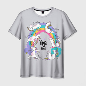 Мужская футболка 3D с принтом Yoga time в Новосибирске, 100% полиэфир | прямой крой, круглый вырез горловины, длина до линии бедер | animal | asana | boat | bow | children | drawing | funny | hearts | horses | inscriptio | om | rainbow | stars | triangle | unicorns | warrior | yoga | zen | асана | воин | детский | дзен | животное | забавный | звезды | йога | лодка | лошади | лук | мост