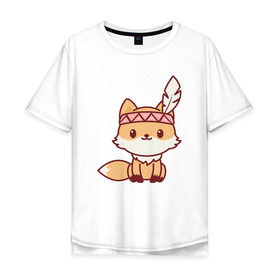 Мужская футболка хлопок Oversize с принтом Лисенок индеец в Новосибирске, 100% хлопок | свободный крой, круглый ворот, “спинка” длиннее передней части | fox | лис | лиса | лисенок | лисица | милая | пушистик | рыжая